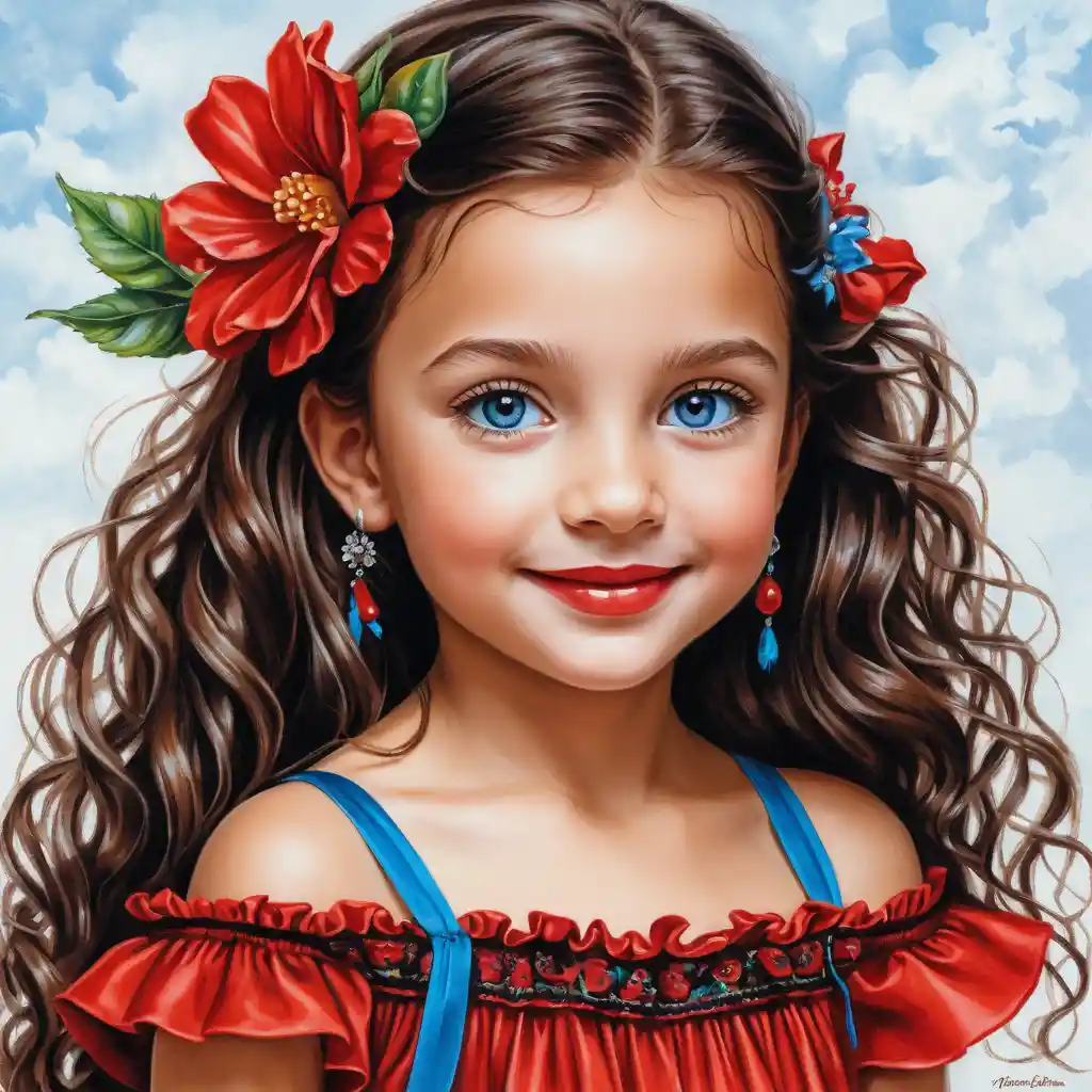 Smiling girl in red summer dress colored pencil illustration