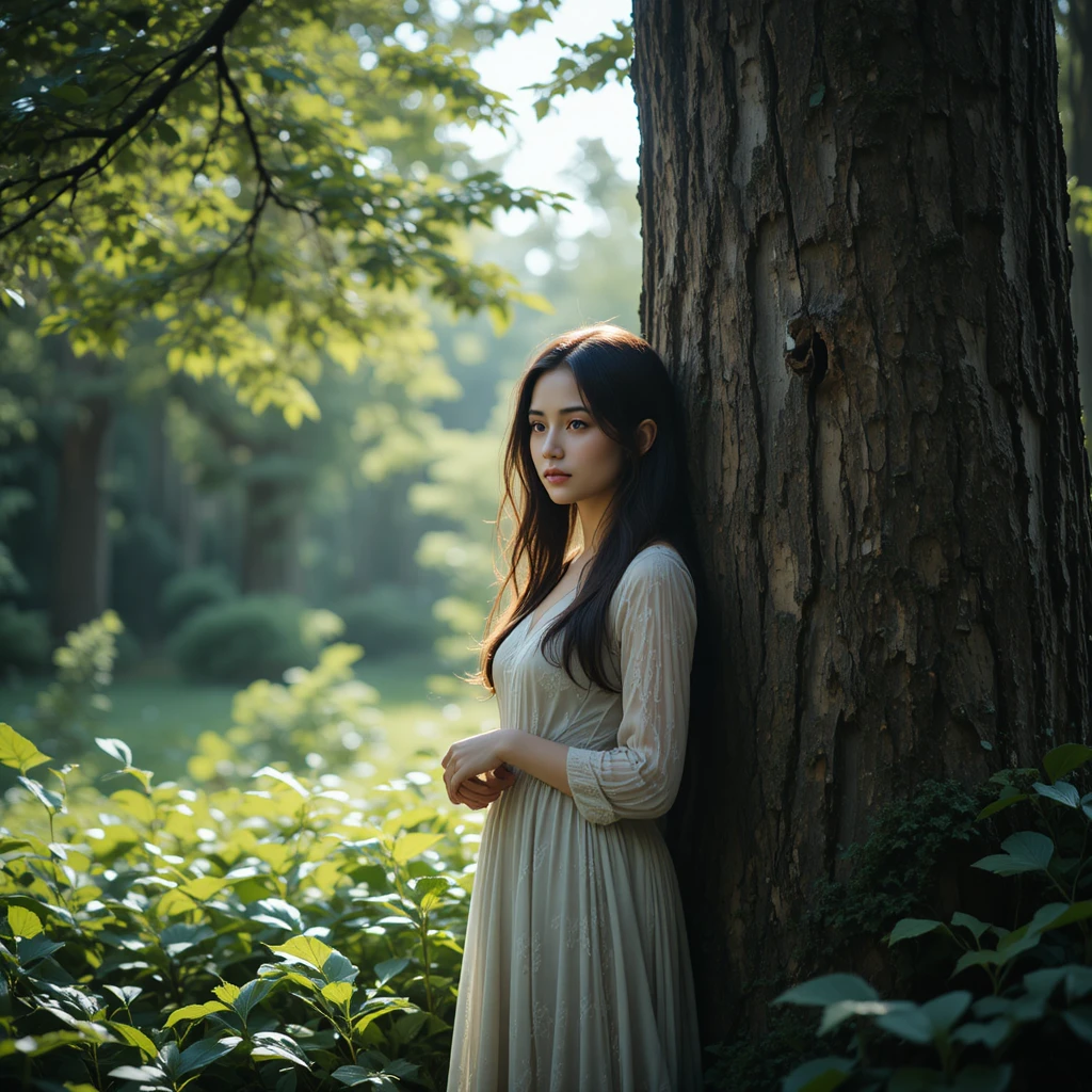 Woman in quiet forest standing beside a towering tree