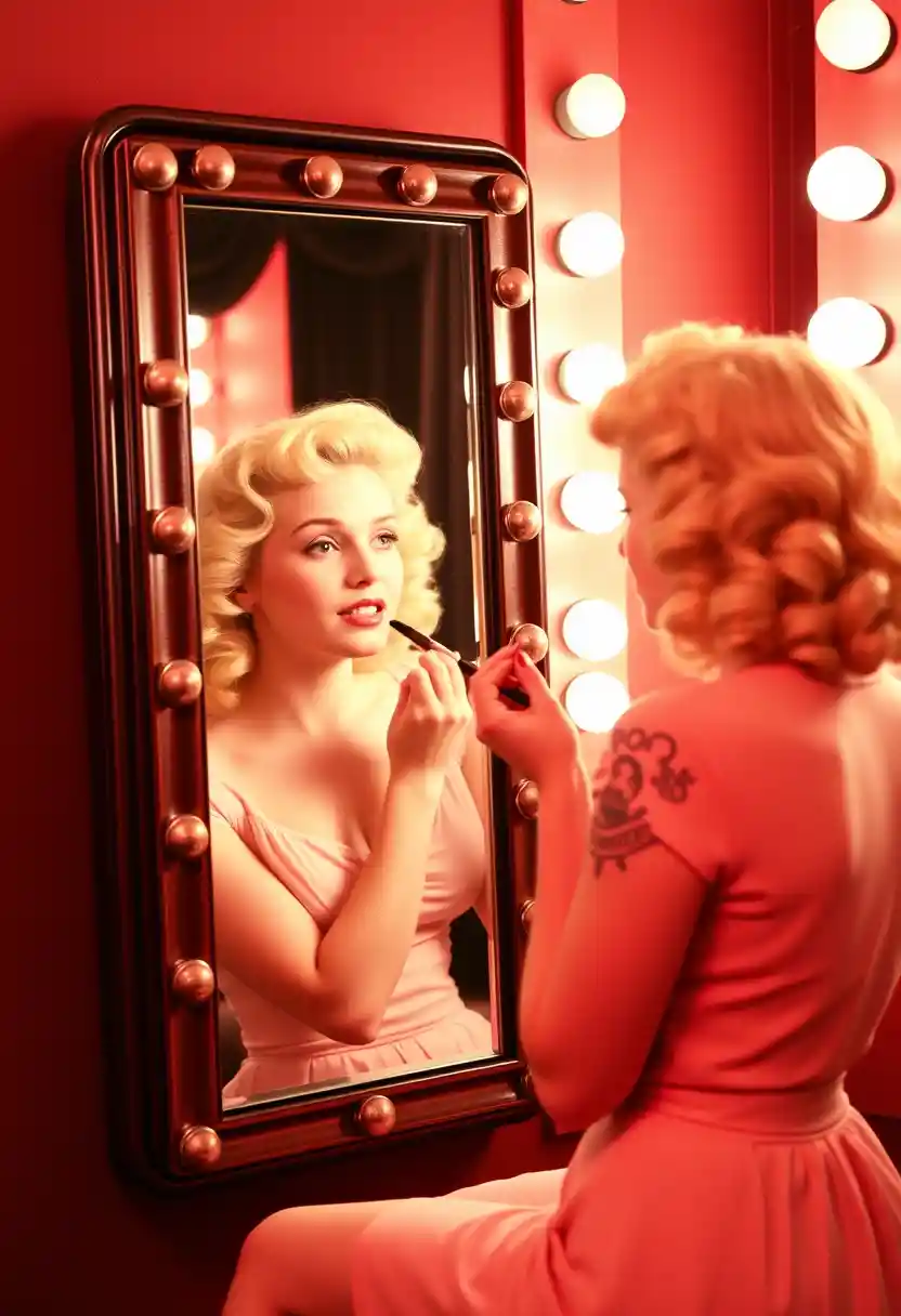 Blonde woman applying lipstick in a retro cabaret dressing room