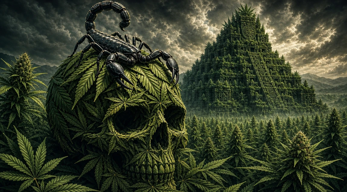 Skull Of Marijuana Leaves With Scorpion In A Cannabis Field