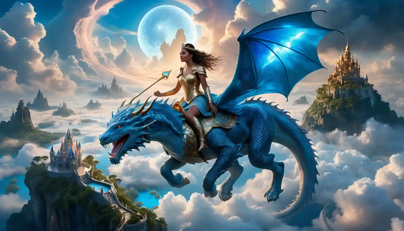 Fantasy princess riding a celestial dragon above floating islands