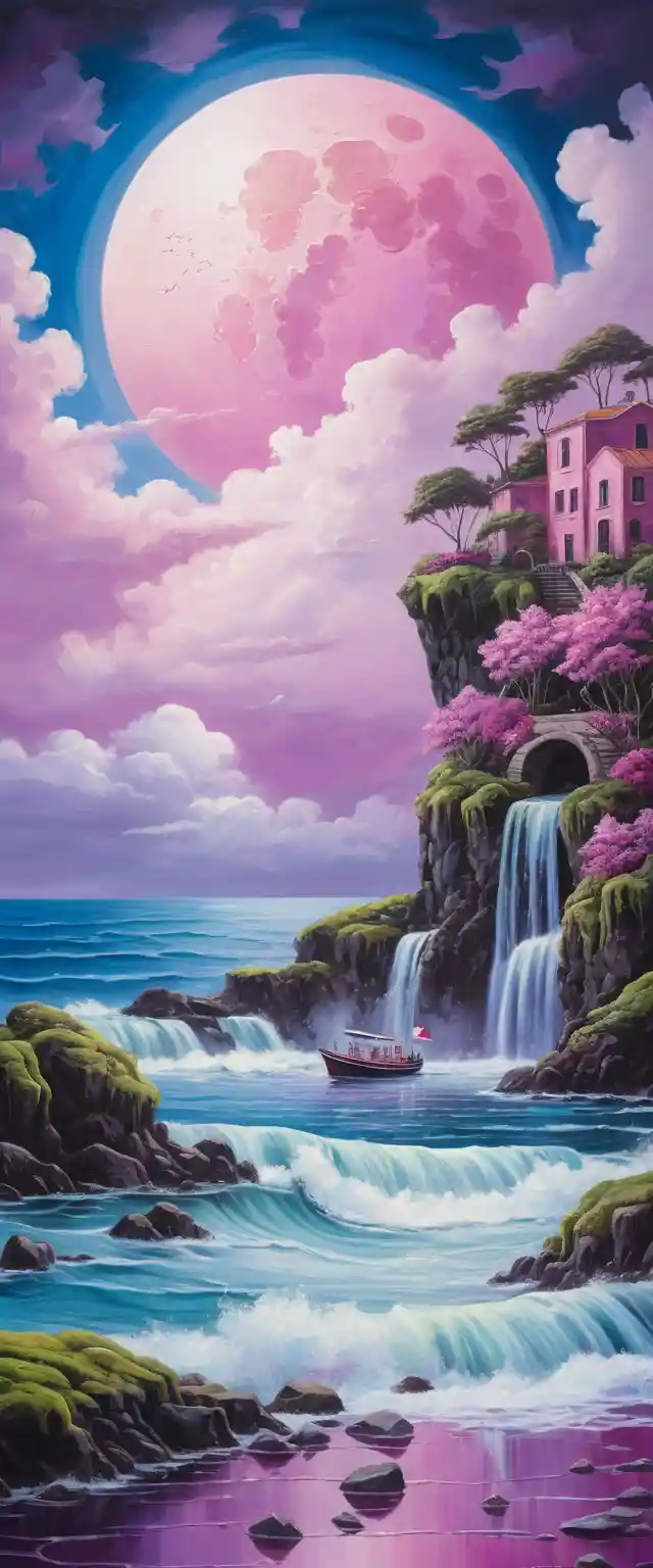 Dreamlike pink seascape with boat and distant waterfall