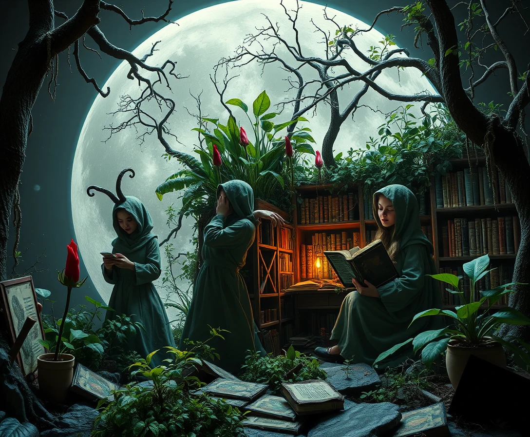Whimsical forest librarians cleaning vines in lunar library