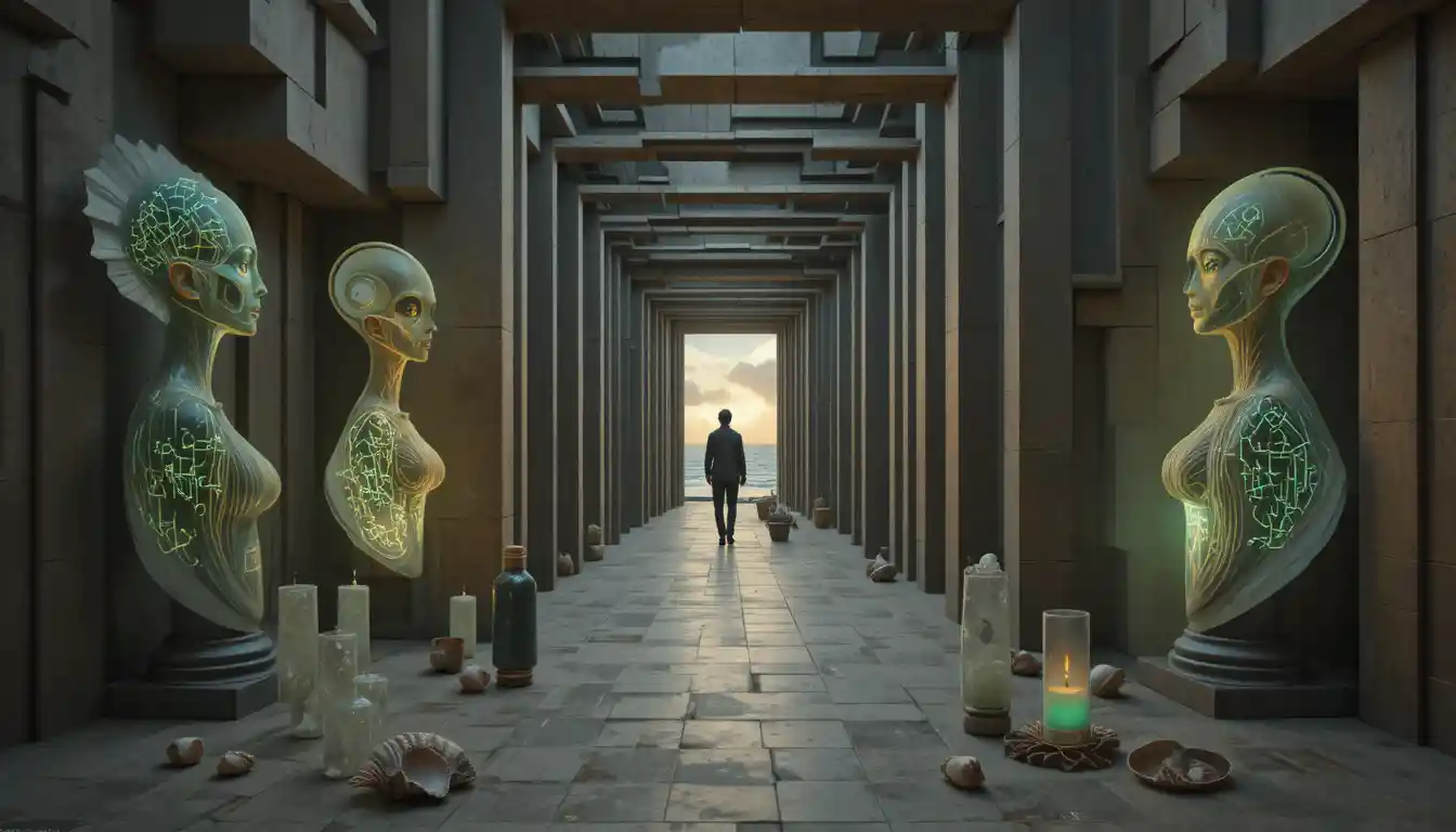 Entrada de laberinto surreal en una galería de arte futurista