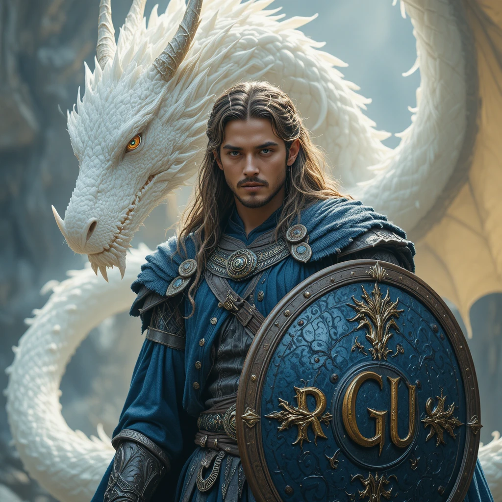 Mystical warrior with shield before an ethereal white dragon