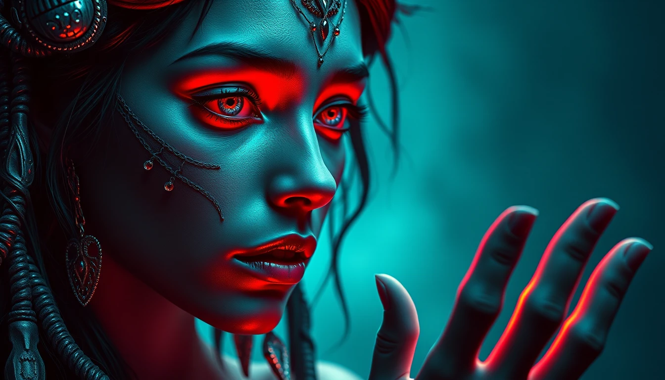 Enigmatic woman in a neon surreal world inviting your gaze