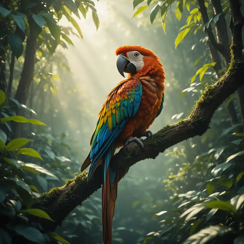 Colorful exotic bird on a jungle branch in sunlight