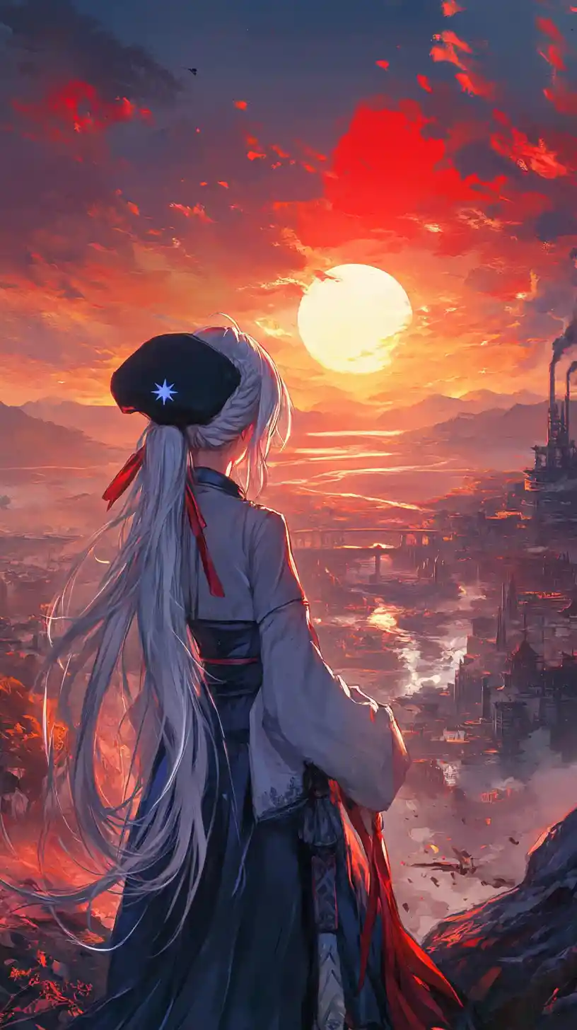 Anime girl watching a sunset over a modern castle