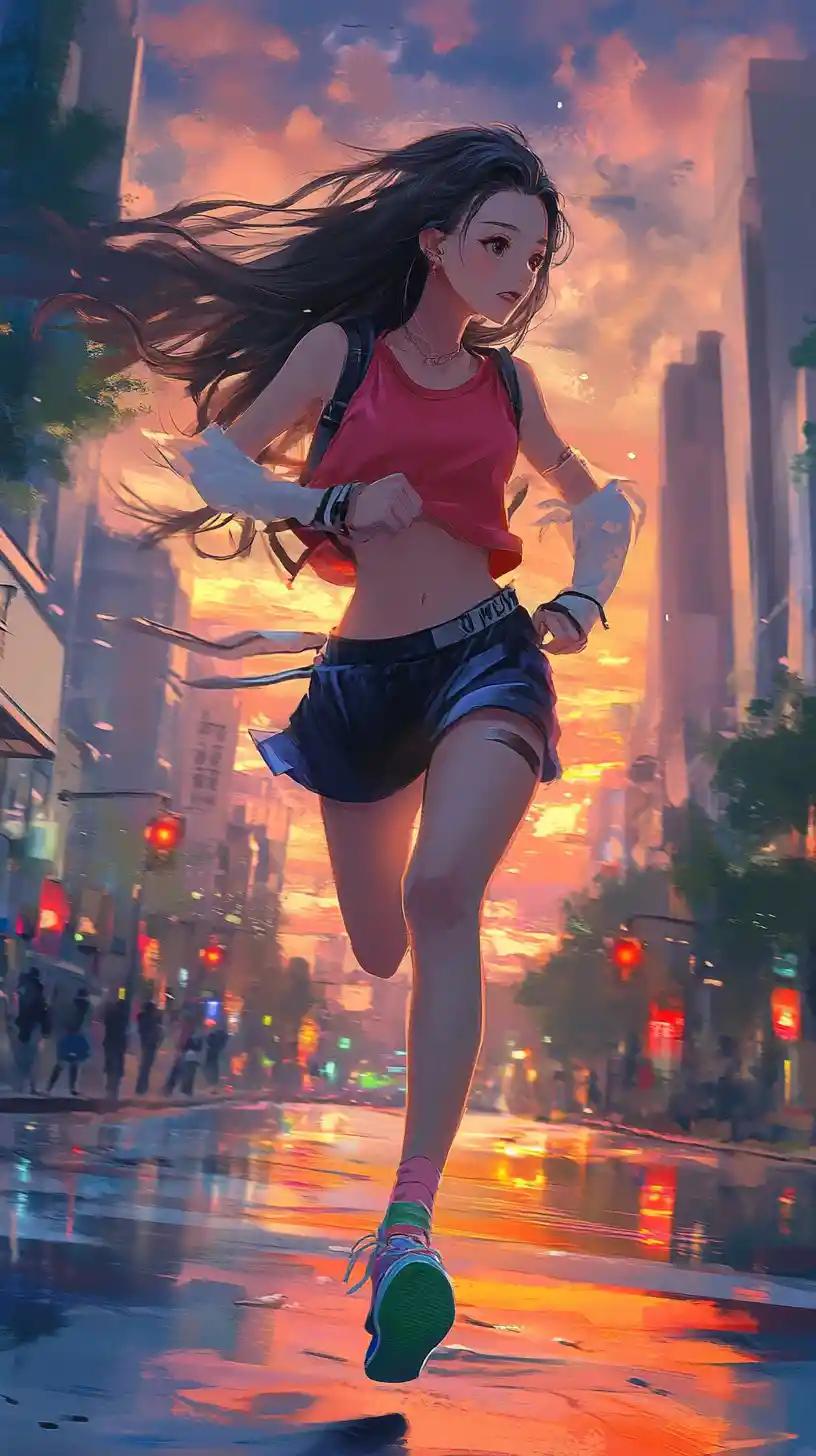 Girl running through city streets in early dawn light