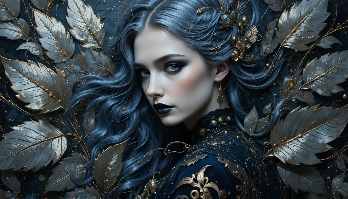 Gothic vampire woman with flowing grey hair and victorian dress