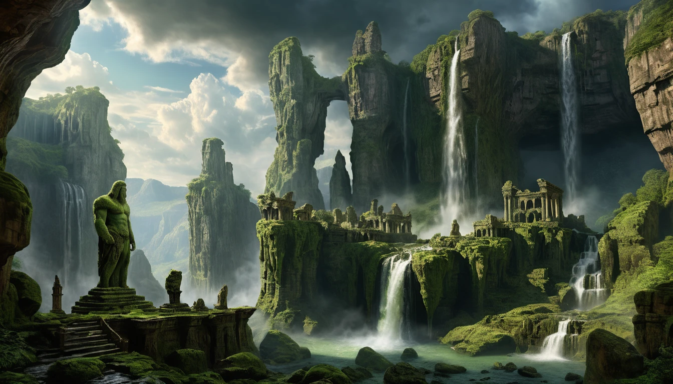 Ancient titan city hidden among towering cliffs and waterfalls