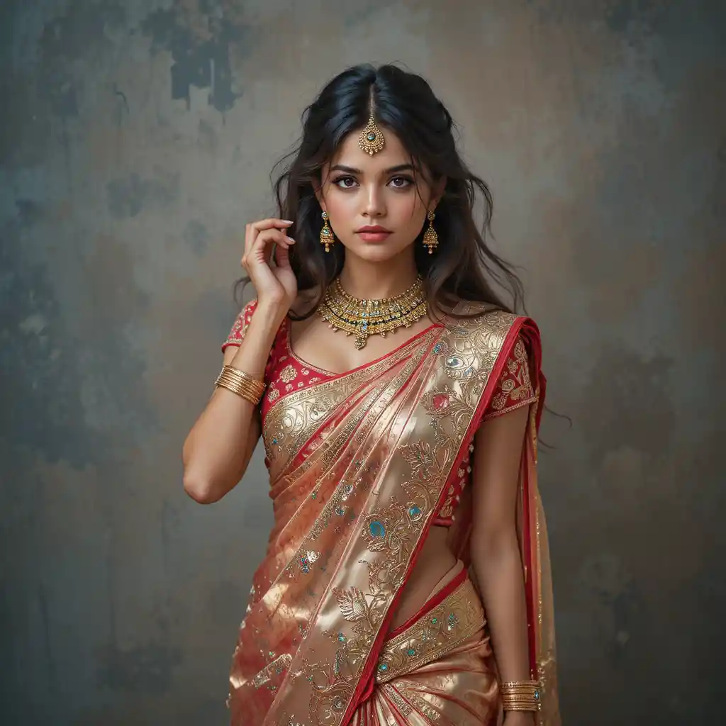 Full body woman in Indian saree with jewelry pose