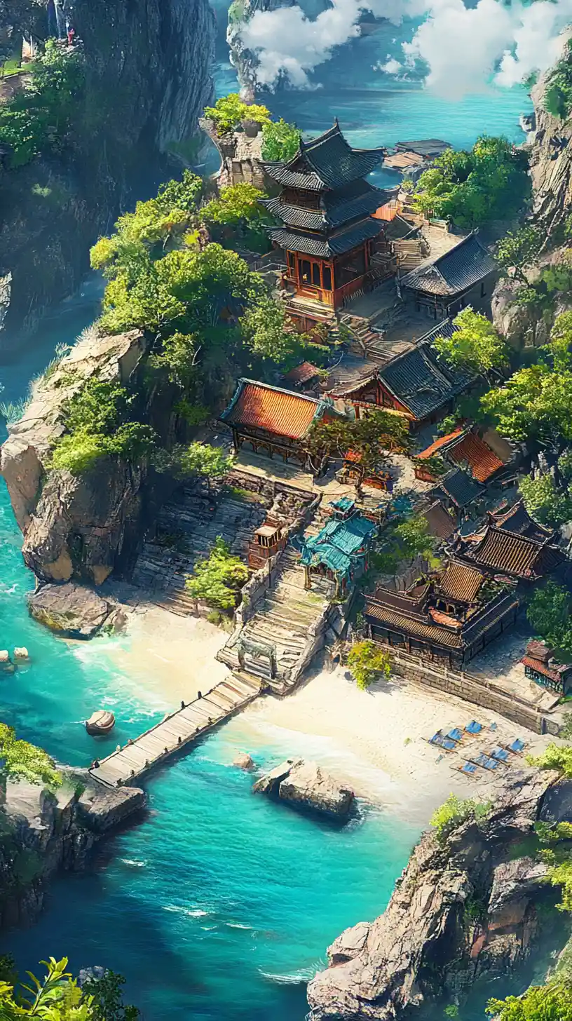 Ancient fantasy temple rising above a mystical landscape