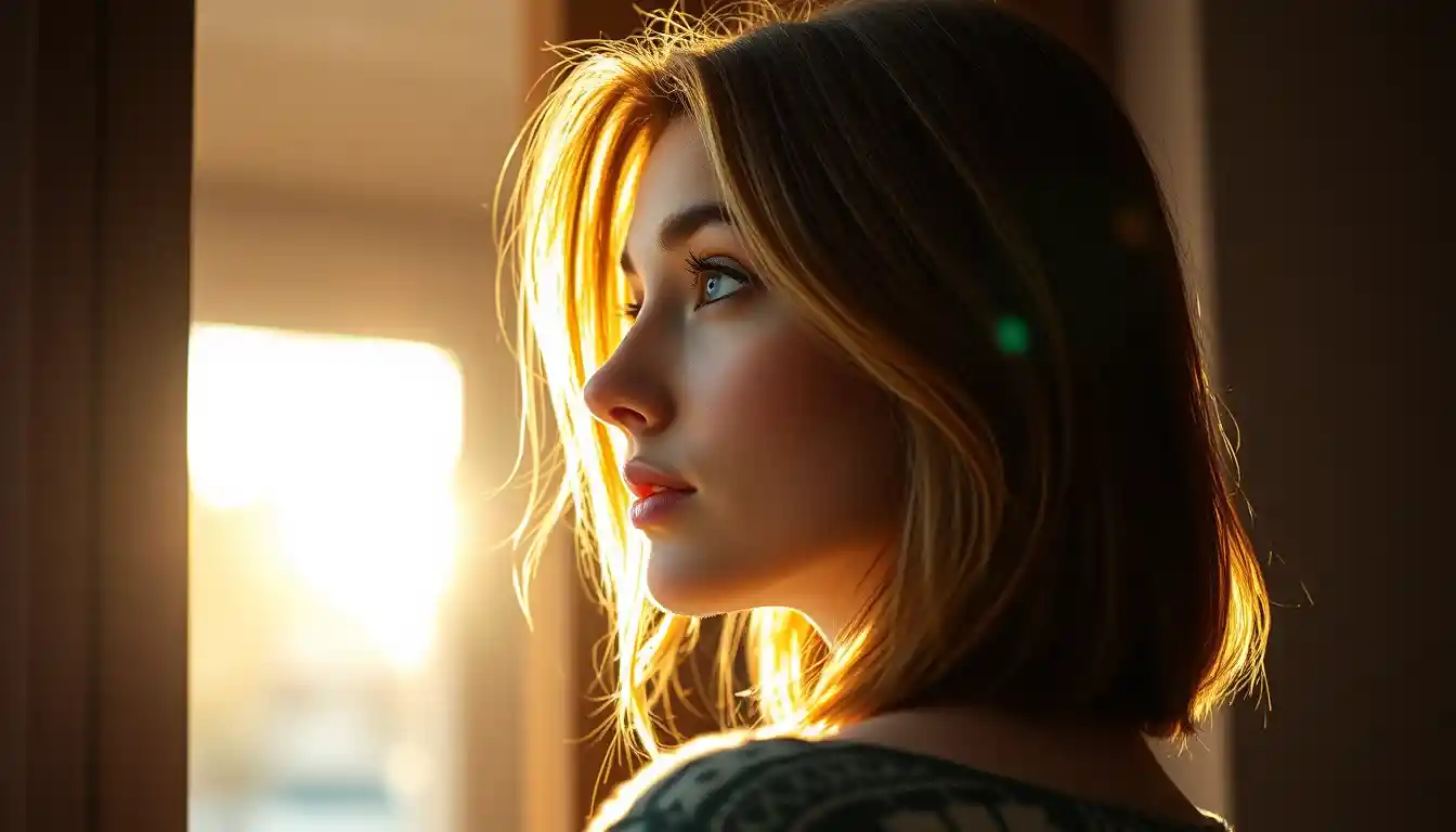 Young woman in profile looking toward bright open door