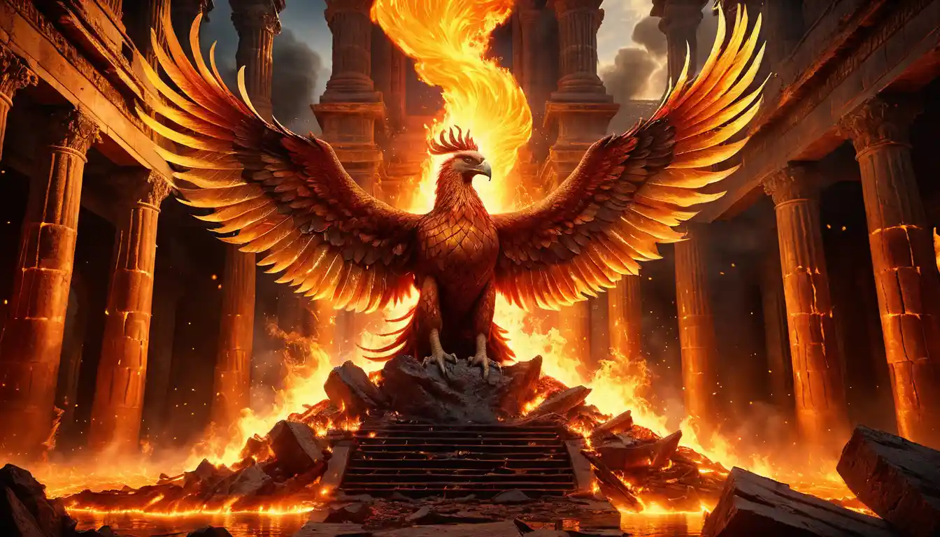 Legendary phoenix rising from blazing ruins in dramatic fire