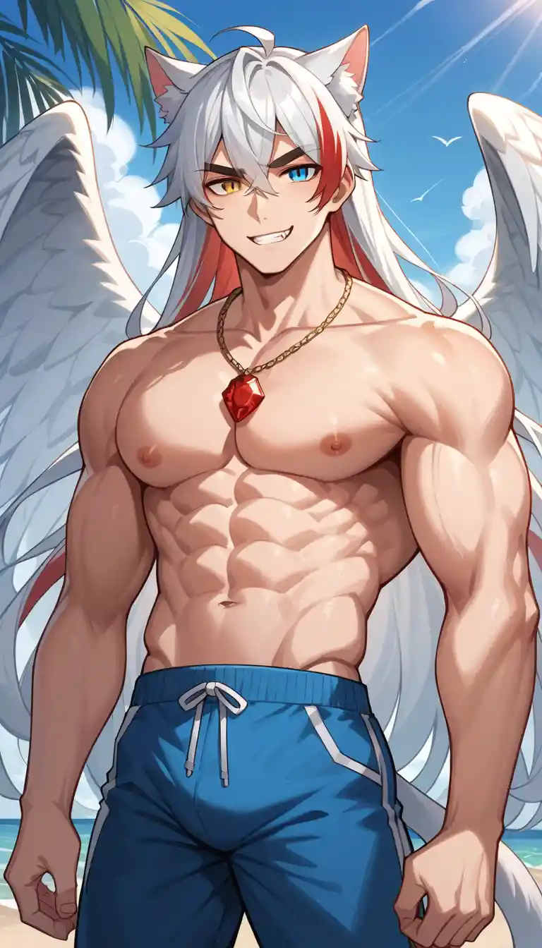 Tall muscular anime man with split color hair outdoors