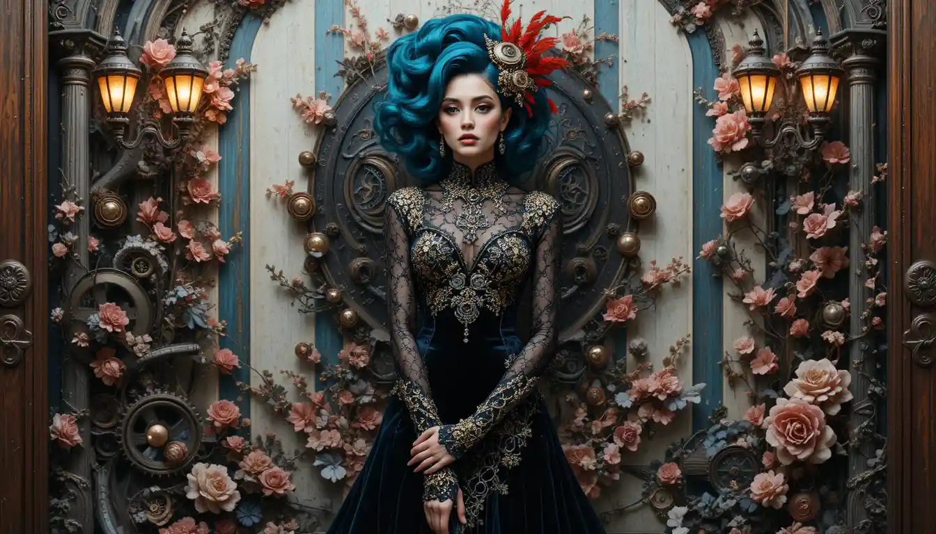 Curvy Nordic model in black velvet gown with gold embroidery