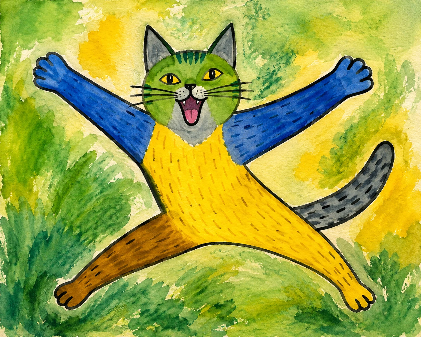 Playful folk art watercolor cat stretching like a bird