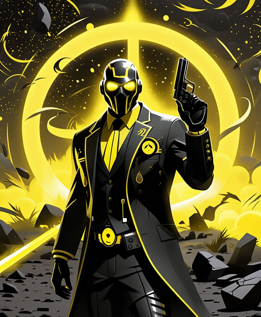 Masked cybernetic assassin with neon revolver in space