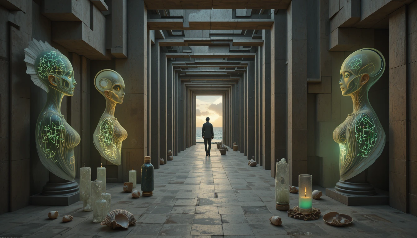 Surreal labyrinth entrance in a futuristic art gallery
