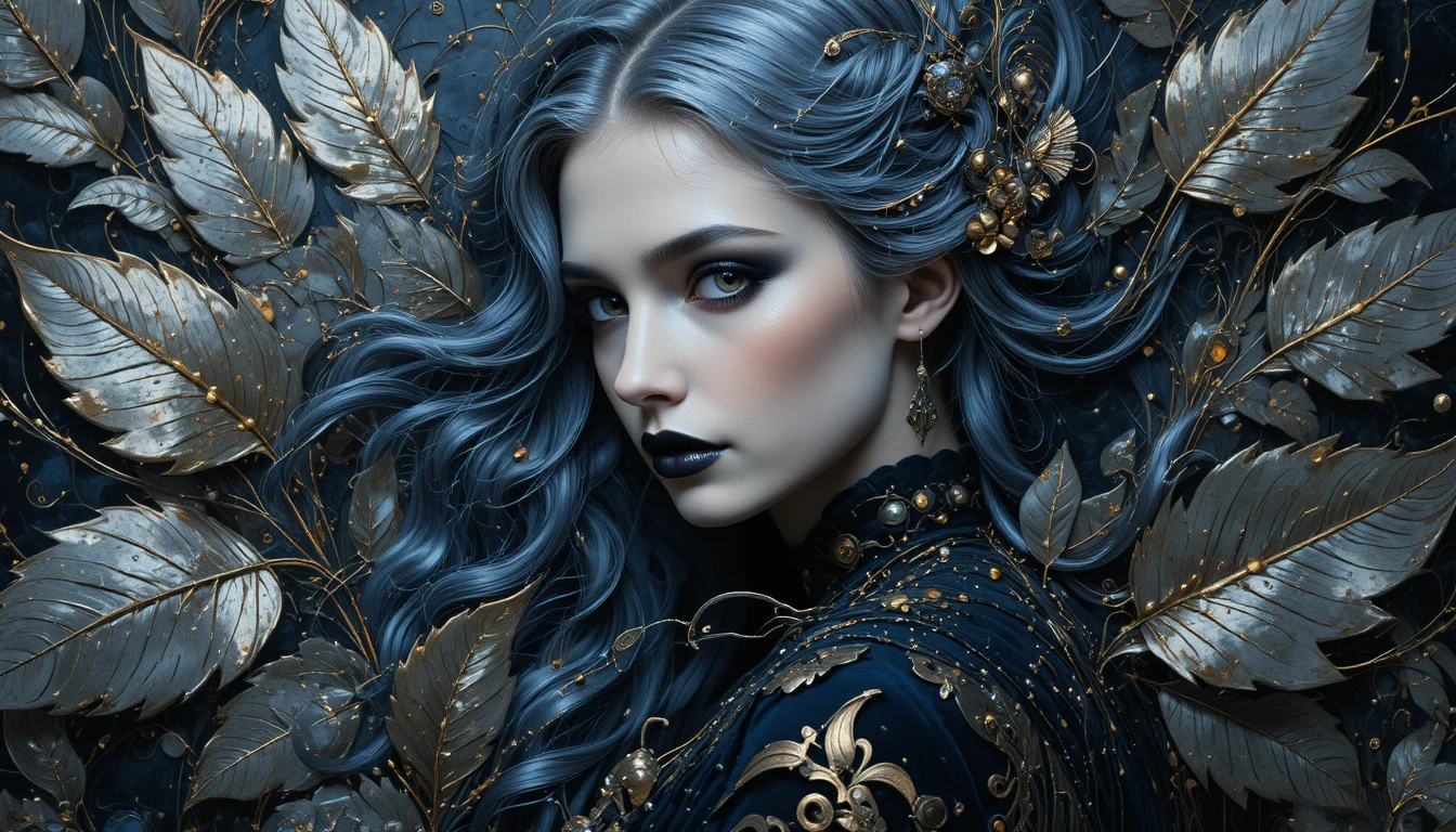 Gothic vampire woman with flowing grey hair and victorian dress