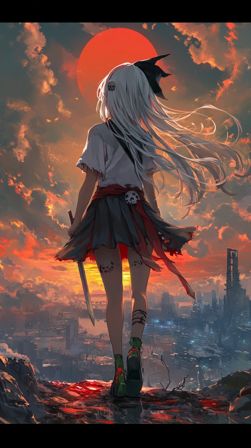 Fantasy girl watching a sunset over a modern castle