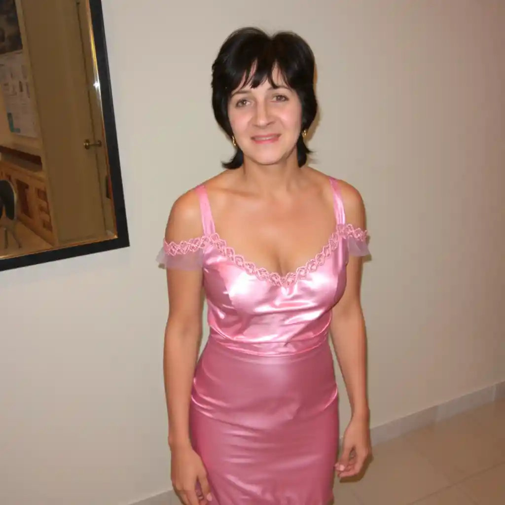 Woman in pink silk dress with bare shoulders and heels