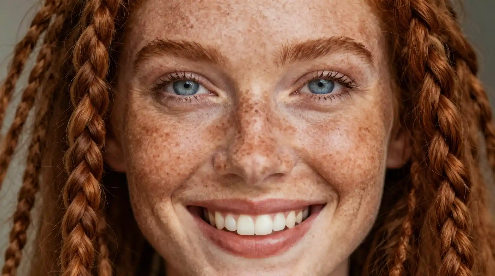 Macro close up portrait of a freckled redhead girl
