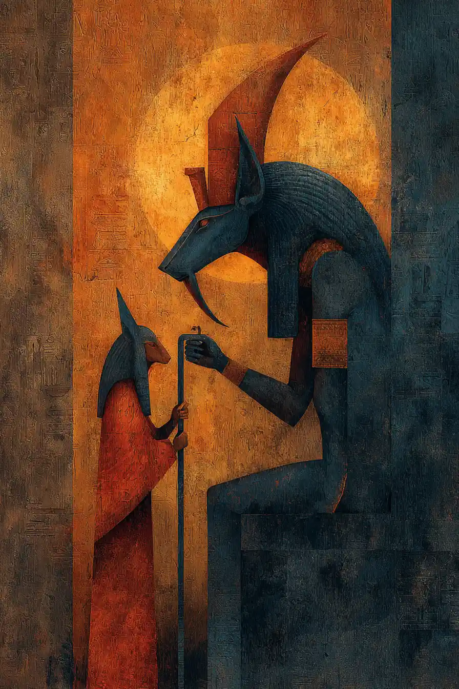 Surreal Egyptian gods guiding souls into the afterlife