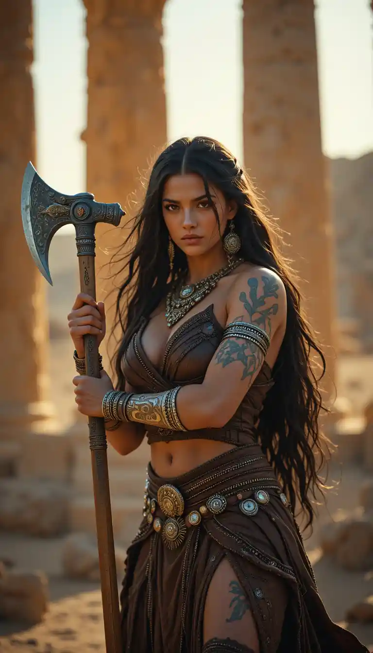 Warrior woman with axe guarding ancient desert columns