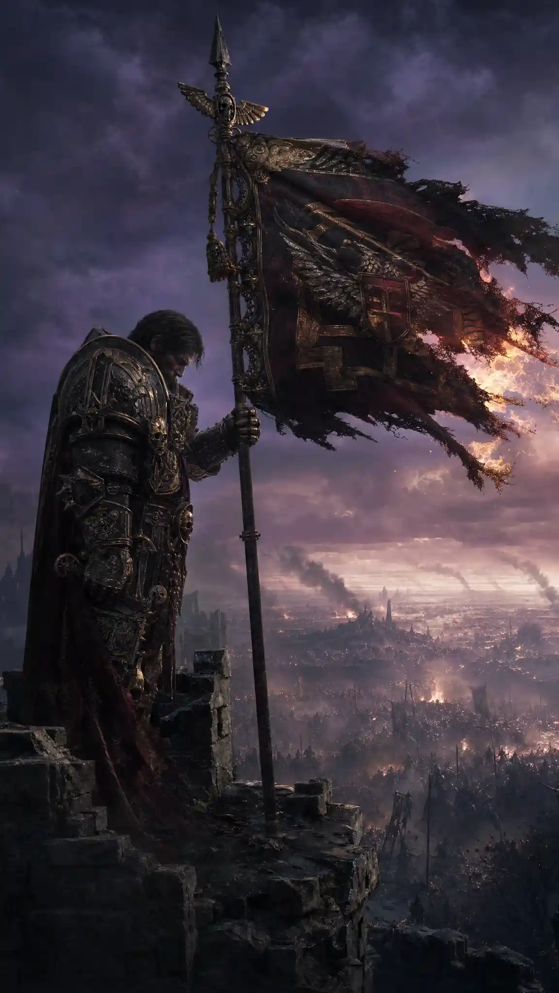 Lone paladin with burning banner atop ruined fortress walls