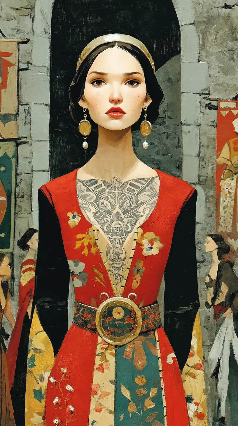 Medieval noble woman with ornate chest tattoo in dim hall