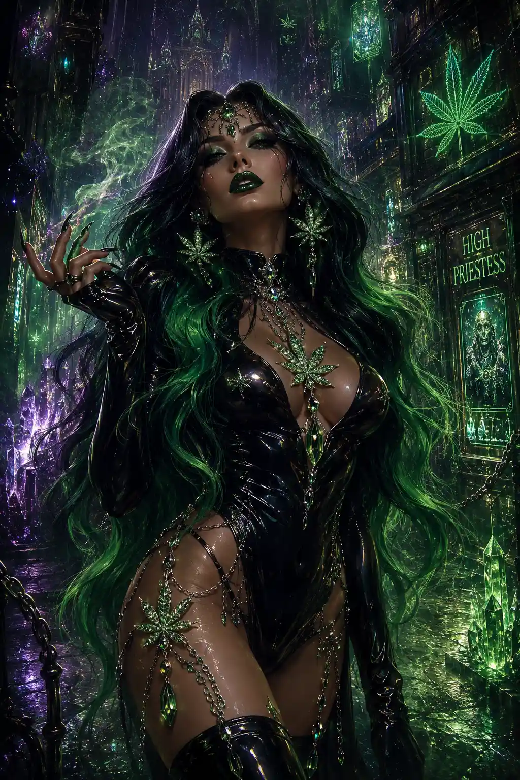 Gothic cannabis goddess in neon alley with glowing smoke