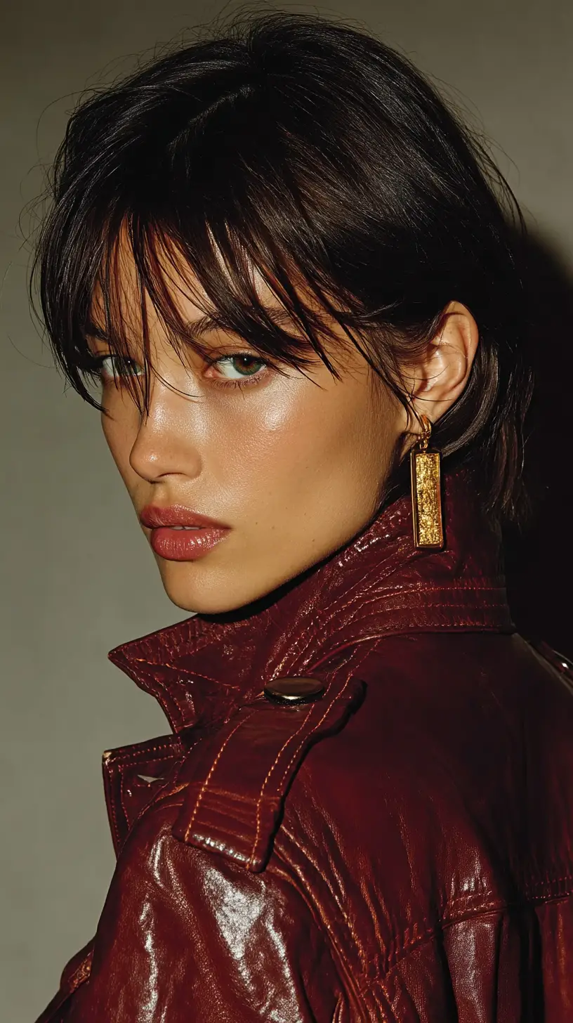 Close up woman in maroon leather jacket from behind