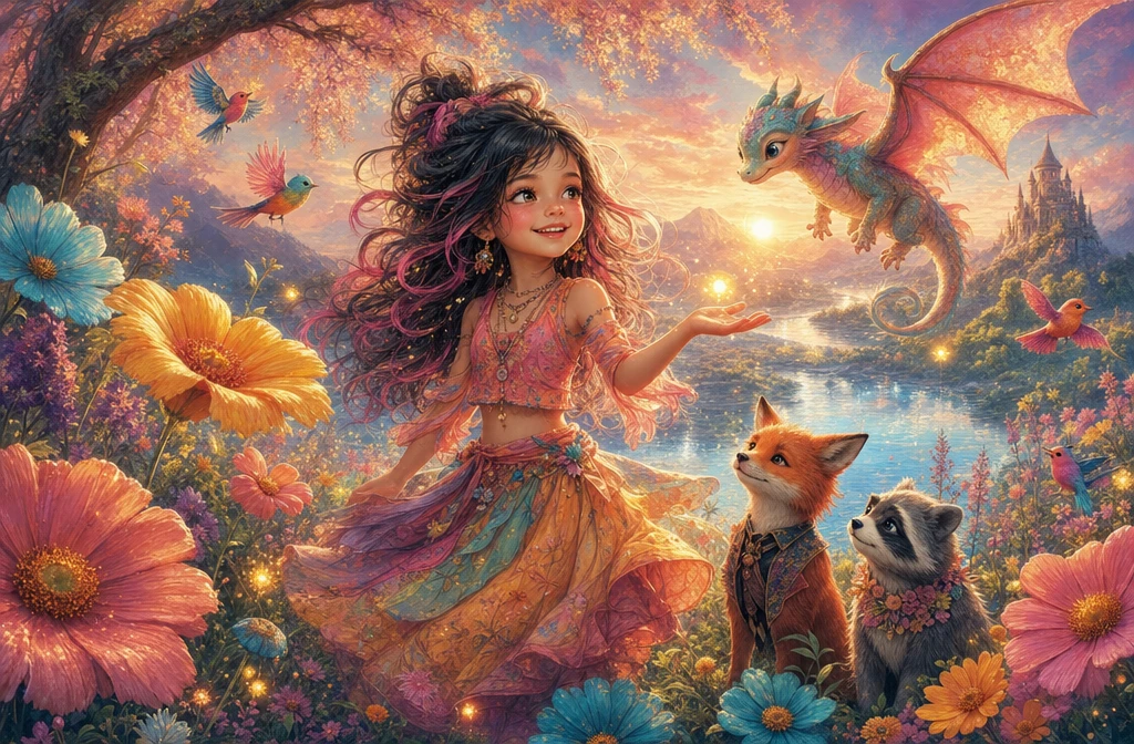 Joyful girl in a magical sunrise meadow with fireflies
