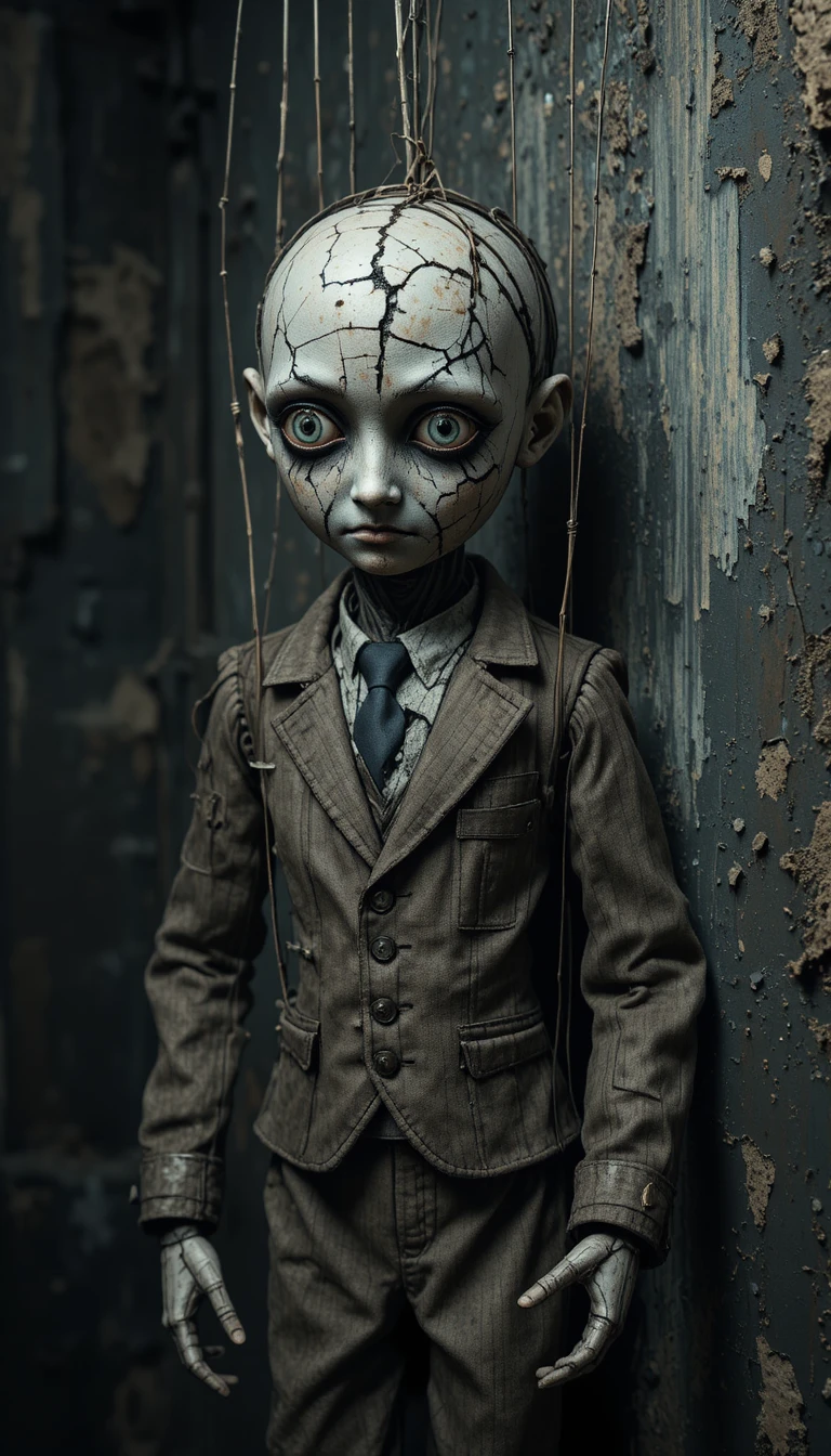 Creepy broken marionette doll against a dark peeling wall