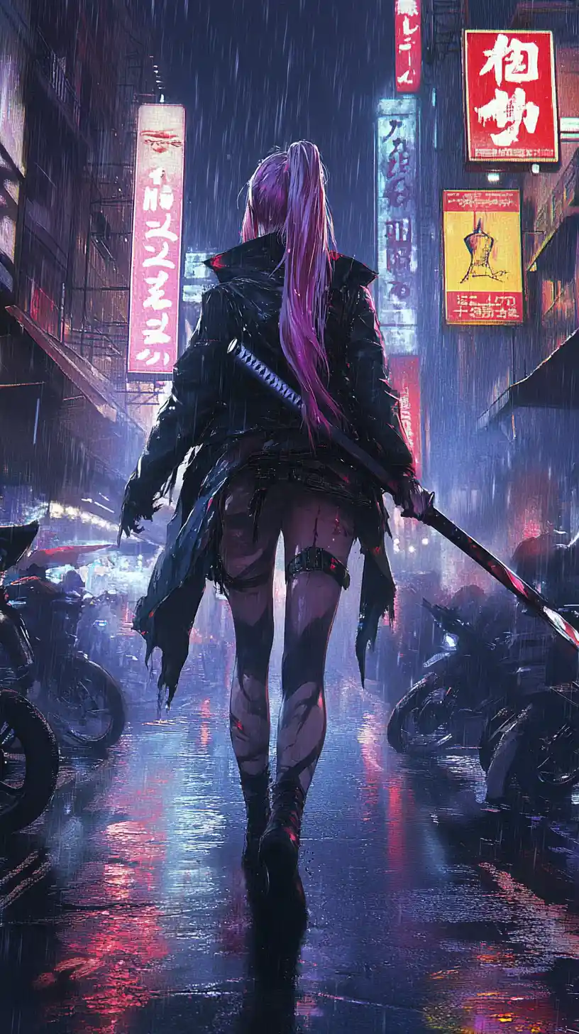 Bloodstained anime warrior woman in neon lit Tokyo street