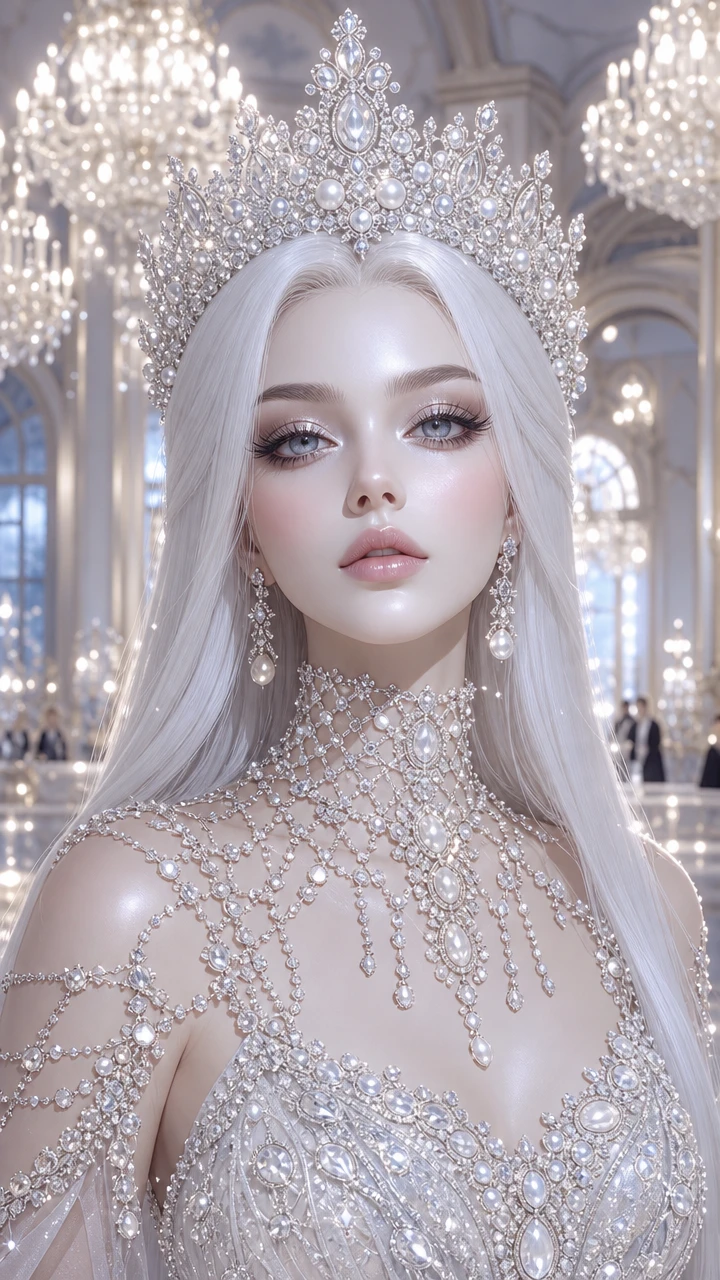 Ätherisches Porträt einer Perlenkönigin mit Diamantkrone und Kleid