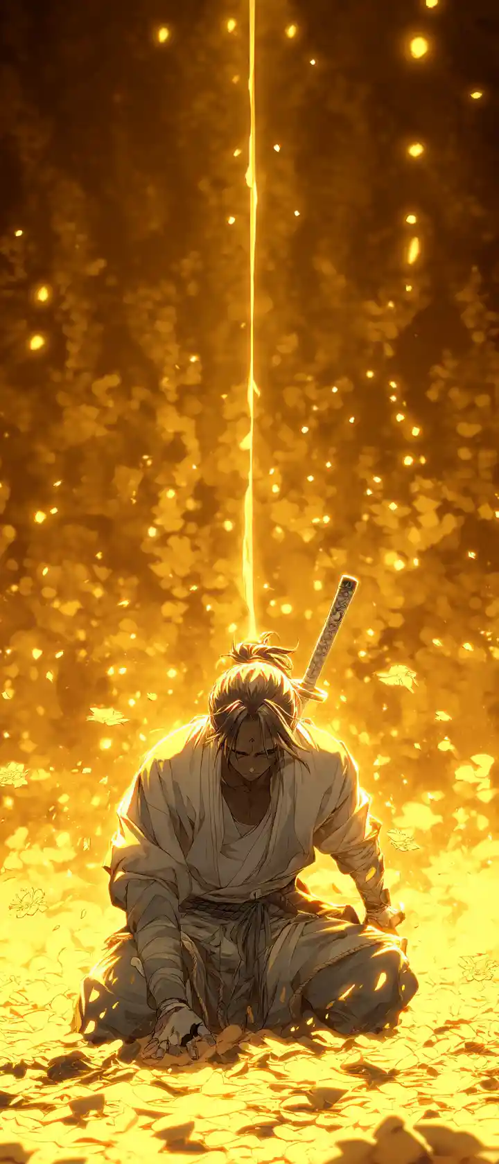 Anime warrior kneeling to surrender his sword for peace