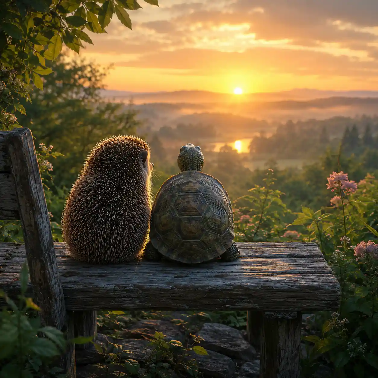Hedgehog And Turtle On Bench At Peaceful Sunrise