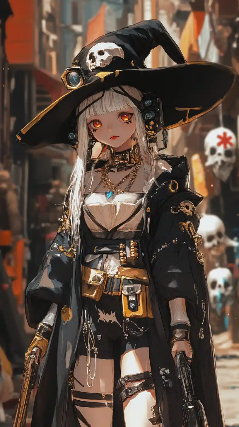 Witch girl in black and gold hat holding a living spellbook