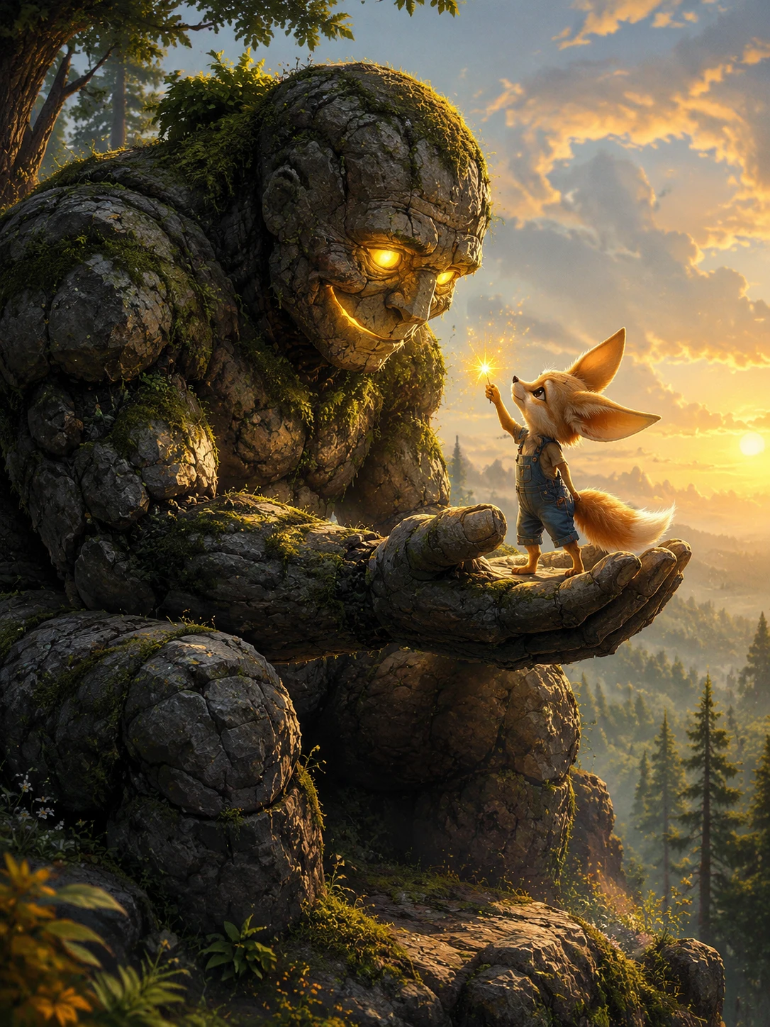 Friendly stone golem with tiny fennec offering a glowing spark