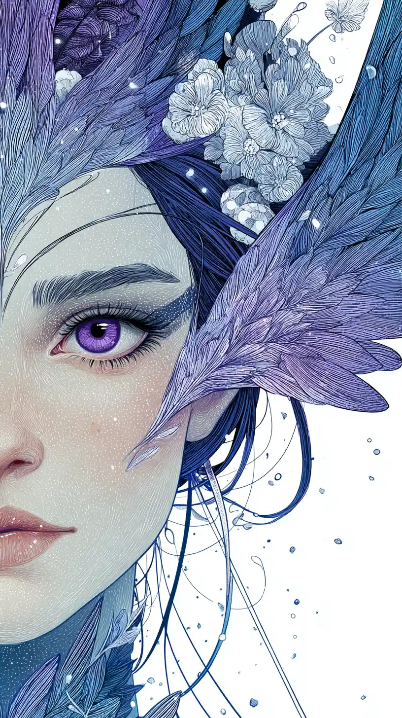 Mystical siren woman close up in watercolor and ink