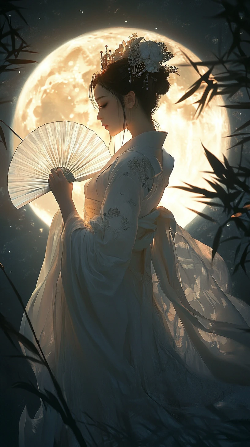 Ethereal woman with fan before a glowing full moon