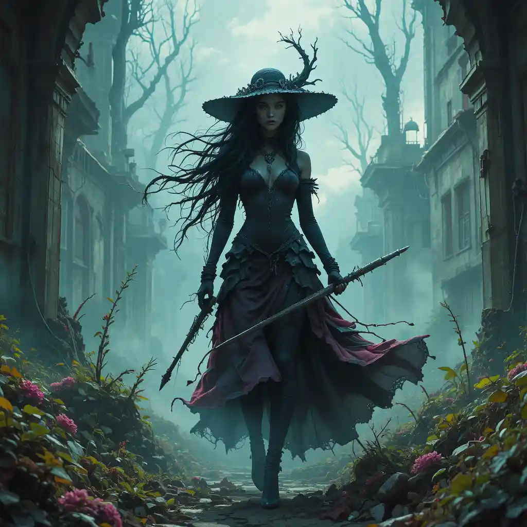 Dystopian wasteland witch standing in eerie silhouette