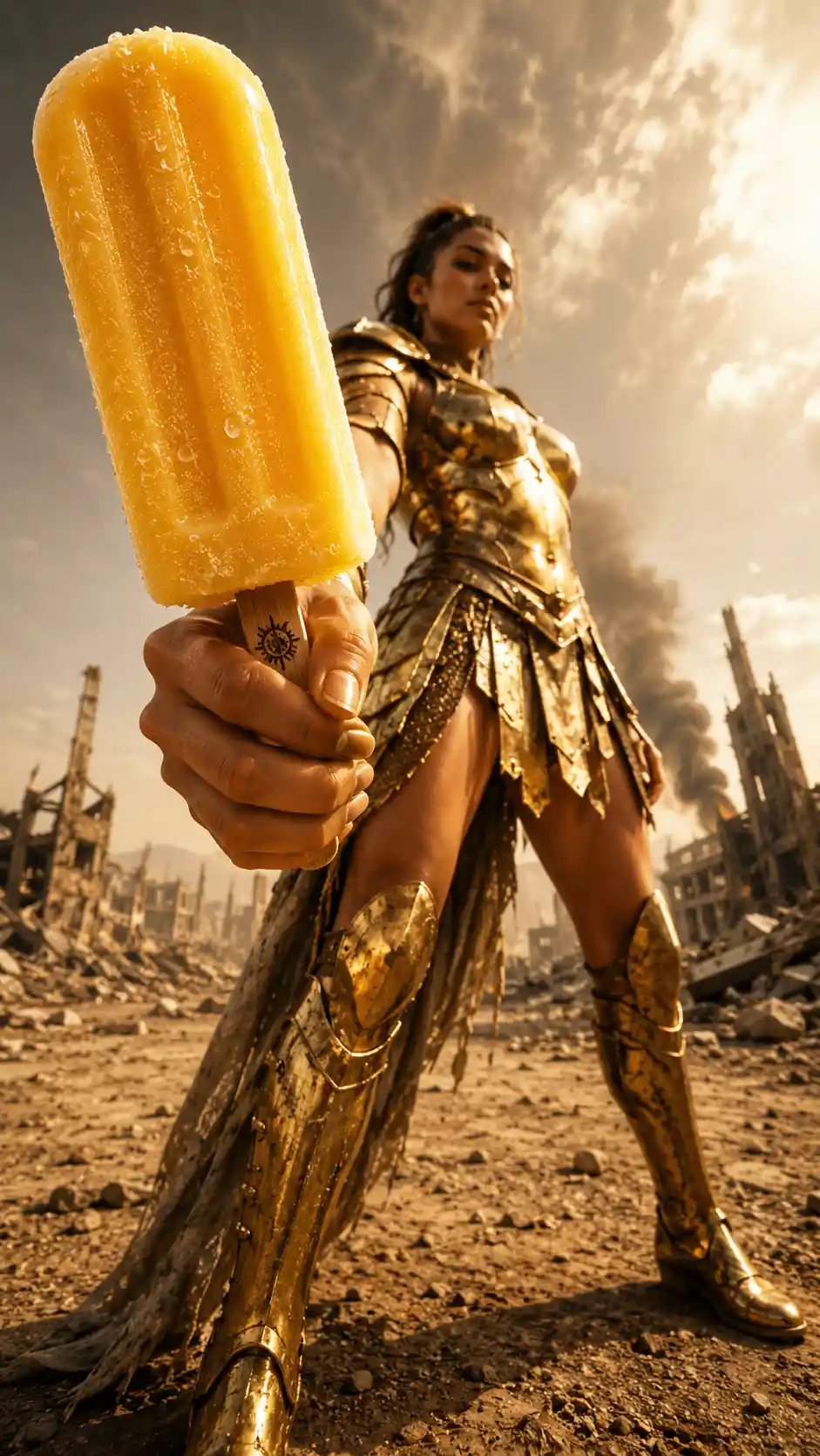 Confident female warrior with popsicle in apocalyptic wasteland