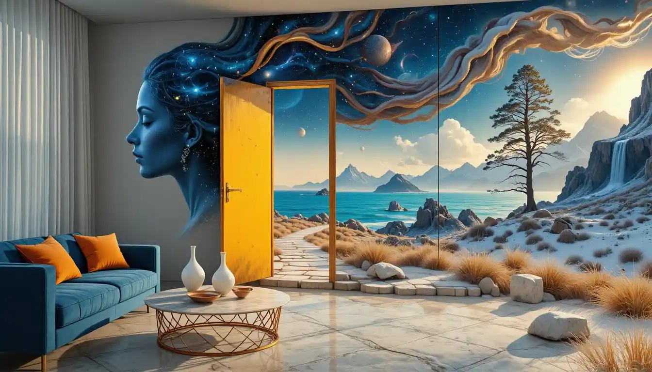 Woman with cosmic hair revealing a surreal ocean portal