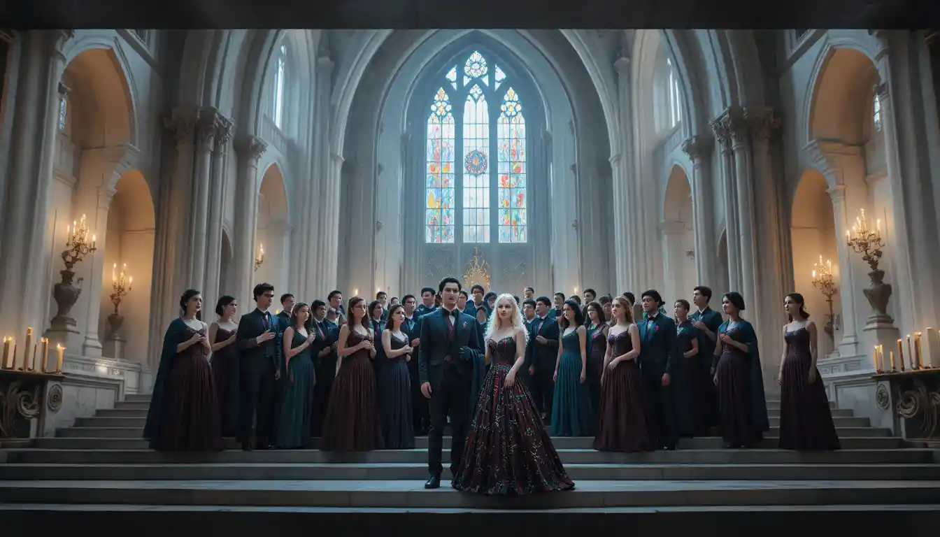 Gothic fantasy couple in a futuristic art gallery