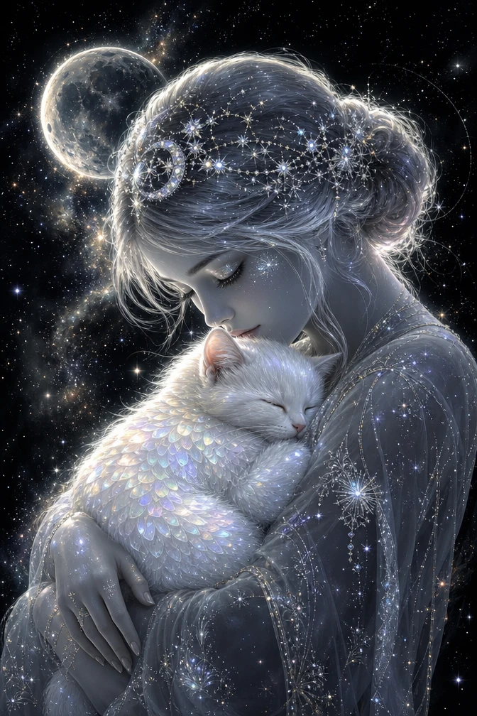 Celestial woman with silver skin cradling a sleeping kitten