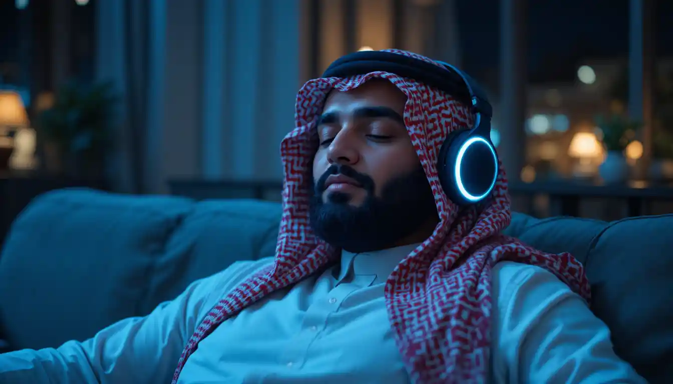Man relaxing with headphones on a sofa at night